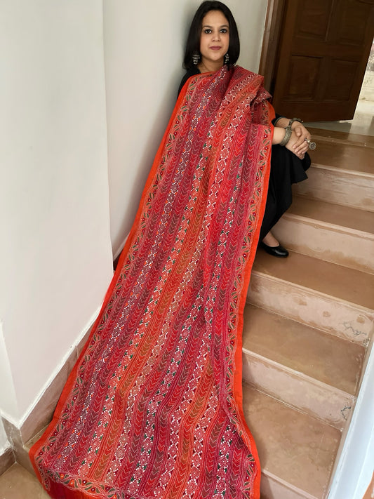 Orange, Maroon Handmade Kantha Dupatta in Silk