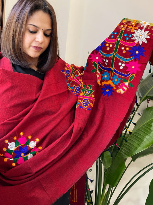 Maroon Handwoven Woollen Shawl with Thread and Foil Mirror Handwork