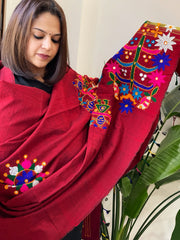 Maroon Handwoven Woollen Shawl with Thread and Foil Mirror Handwork