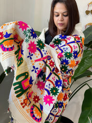 Cream Handwoven Woollen Shawl with Thread and Foil Mirror Handwork