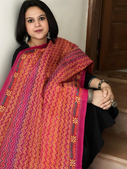 Pink, Orange Handmade Kantha Dupatta in Silk