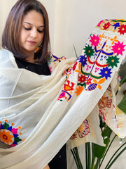 Cream Handwoven Woollen Shawl with Thread and Foil Mirror Handwork