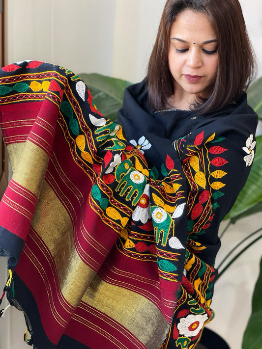 Black Handwoven Woollen Shawl with Thread and Foil Mirror Handwork