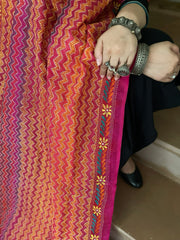 Pink, Orange Handmade Kantha Dupatta in Silk