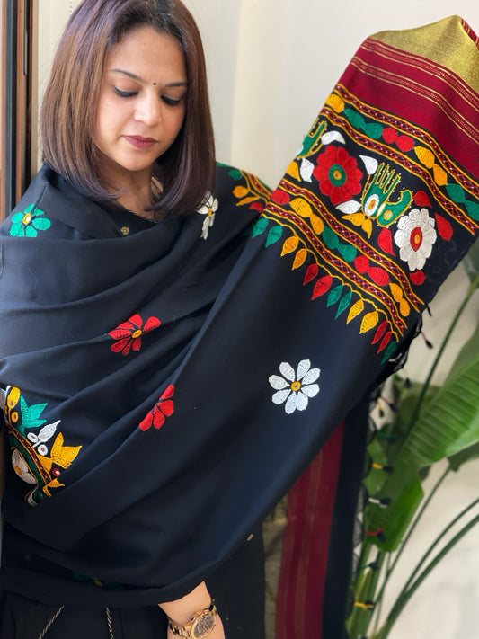 Black Handwoven Woollen Shawl with Thread and Foil Mirror Handwork