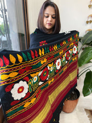 Black Handwoven Woollen Shawl with Thread and Foil Mirror Handwork