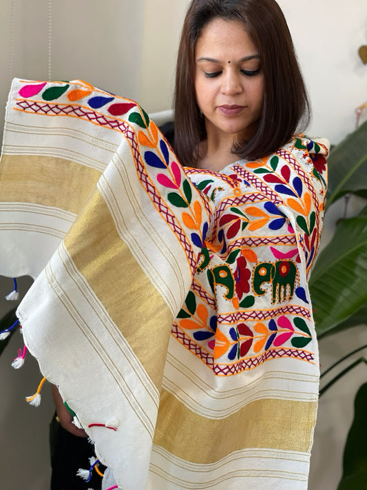 Cream Handwoven Woollen Shawl with Thread and Foil Mirror Handwork