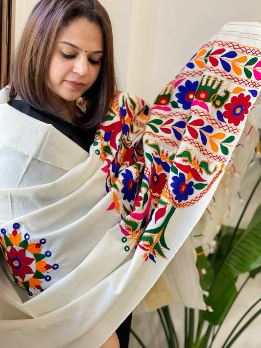 Cream Handwoven Woollen Shawl with Thread and Foil Mirror Handwork