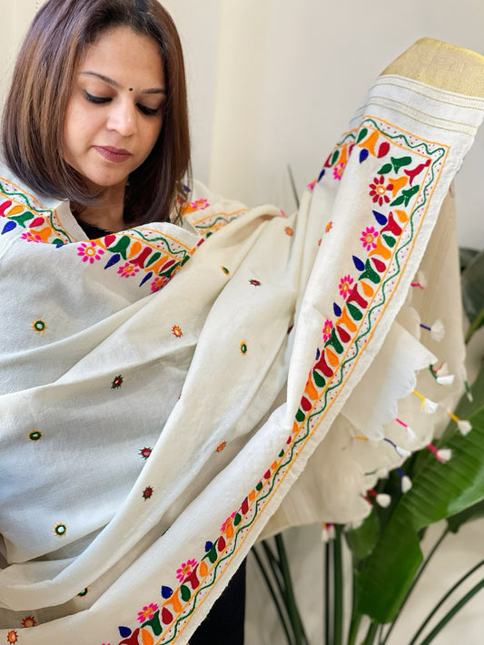 Cream Handwoven Woollen Shawl with Thread and Foil Mirror Handwork