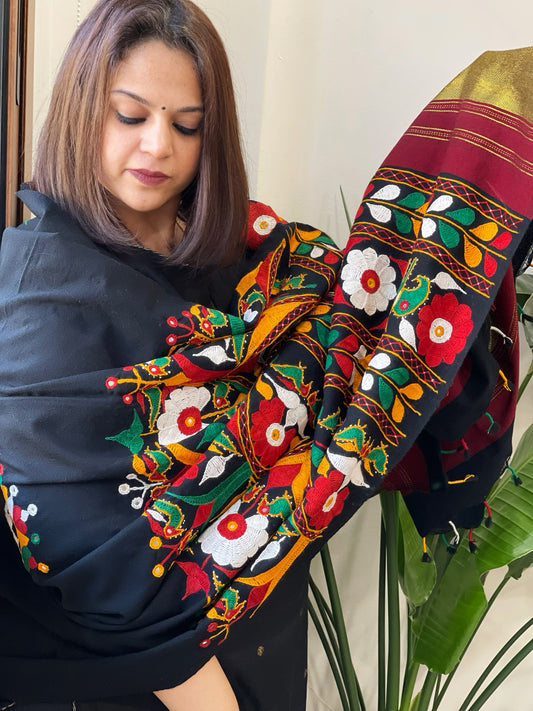 Black Handwoven Woollen Shawl with Thread and Foil Mirror Handwork