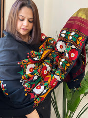 Black Handwoven Woollen Shawl with Thread and Foil Mirror Handwork