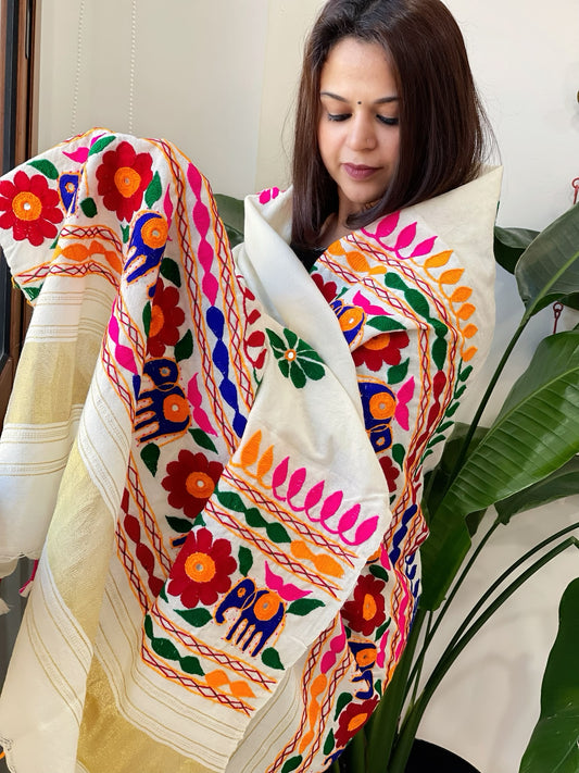 Cream Handwoven Woollen Shawl with Thread and Foil Mirror Handwork