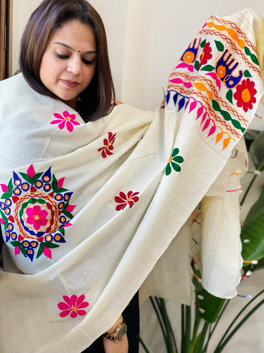 Cream Handwoven Woollen Shawl with Thread and Foil Mirror Handwork