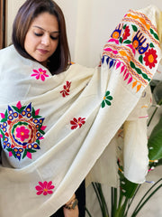 Cream Handwoven Woollen Shawl with Thread and Foil Mirror Handwork