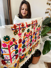 Cream Handwoven Woollen Shawl with Thread and Foil Mirror Handwork