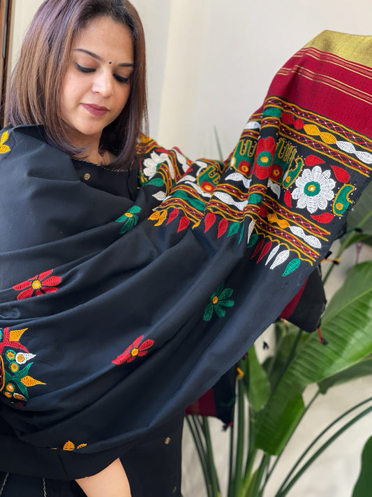 Black Handwoven Woollen Shawl with Thread and Foil Mirror Handwork