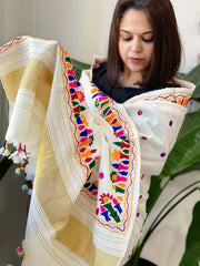 Cream Handwoven Woollen Shawl with Thread and Foil Mirror Handwork