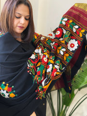 Black Handwoven Woollen Shawl with Thread and Foil Mirror Handwork