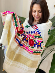 Cream Handwoven Woollen Shawl with Thread and Foil Mirror Handwork