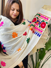 Cream Handwoven Woollen Shawl with Thread and Foil Mirror Handwork