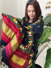 Black Handwoven Woollen Shawl with Thread and Foil Mirror Handwork