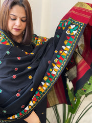 Black Handwoven Woollen Shawl with Thread and Foil Mirror Handwork