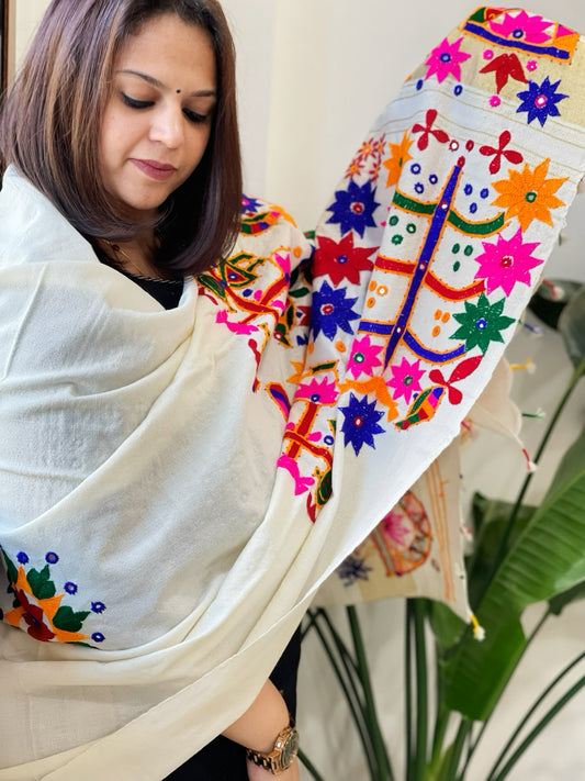 Cream Handwoven Woollen Shawl with Thread and Foil Mirror Handwork