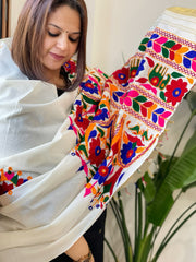 Cream Handwoven Woollen Shawl with Thread and Foil Mirror Handwork