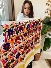 Cream Handwoven Woollen Shawl with Thread and Foil Mirror Handwork