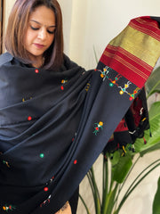 Black Handwoven Woollen Shawl with Thread and Foil Mirror Handwork