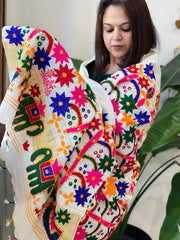 Cream Handwoven Woollen Shawl with Thread and Foil Mirror Handwork