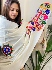 Cream Handwoven Woollen Shawl with Thread and Foil Mirror Handwork