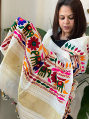 Cream Handwoven Woollen Shawl with Thread and Foil Mirror Handwork