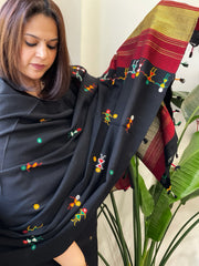 Black Handwoven Woollen Shawl with Thread and Foil Mirror Handwork