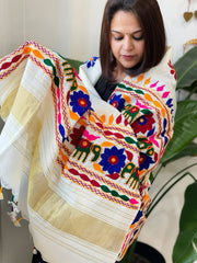 Cream Handwoven Woollen Shawl with Thread and Foil Mirror Handwork