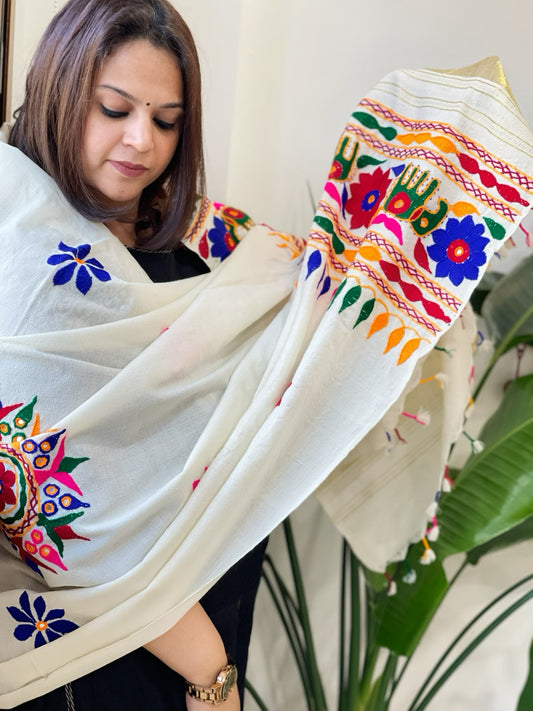 Cream Handwoven Woollen Shawl with Thread and Foil Mirror Handwork