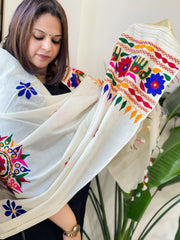 Cream Handwoven Woollen Shawl with Thread and Foil Mirror Handwork