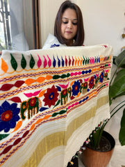 Cream Handwoven Woollen Shawl with Thread and Foil Mirror Handwork