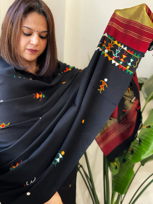 Black Handwoven Woollen Shawl with Thread and Foil Mirror Handwork