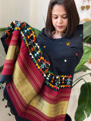 Black Handwoven Woollen Shawl with Thread and Foil Mirror Handwork