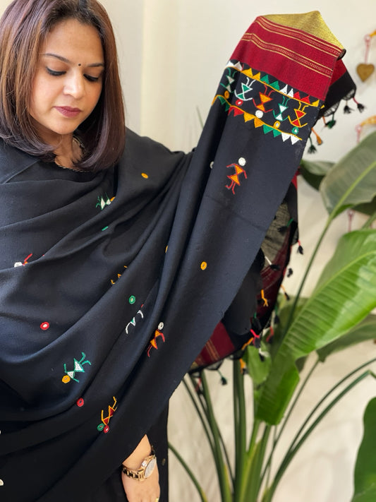 Black Handwoven Woollen Shawl with Thread and Foil Mirror Handwork