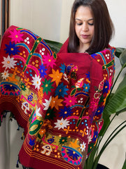 Maroon Handwoven Woollen Shawl with Thread and Foil Mirror Handwork