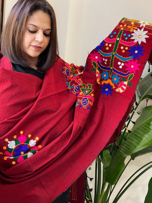 Maroon Handwoven Woollen Shawl with Thread and Foil Mirror Handwork