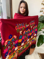 Maroon Handwoven Woollen Shawl with Thread and Foil Mirror Handwork
