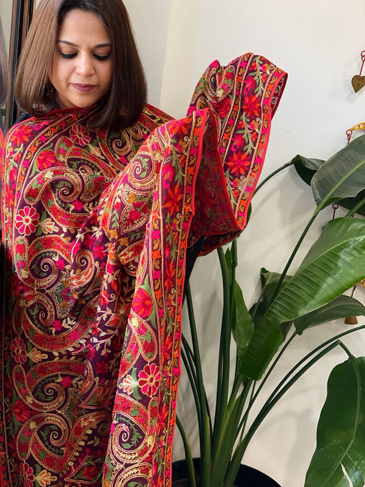 Wine Kashmiri Aari Embroidery dupatta in Georgette