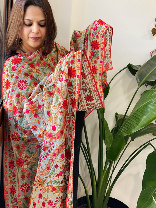 Grey Kashmiri Aari Embroidery dupatta in Georgette