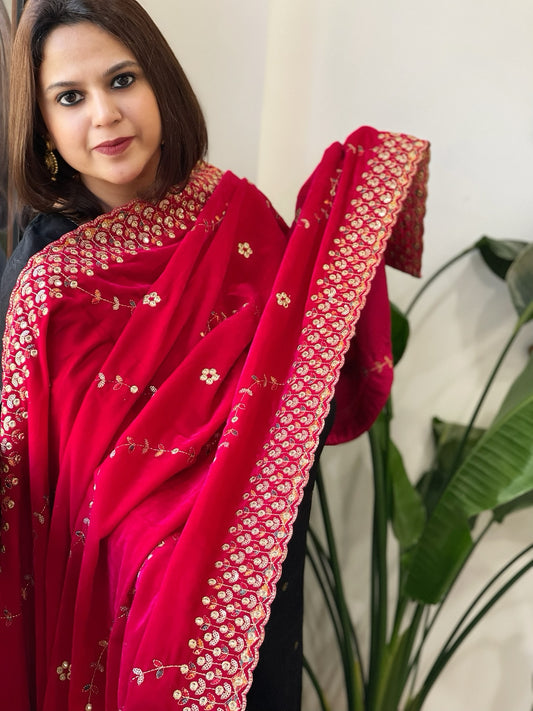 Pink Velvet Dupatta with Thread & Sequin Embroidery