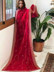 Pink Velvet Dupatta with Thread & Sequin Embroidery