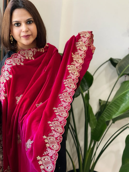 Pink Velvet Dupatta with Thread & Sequin Embroidery
