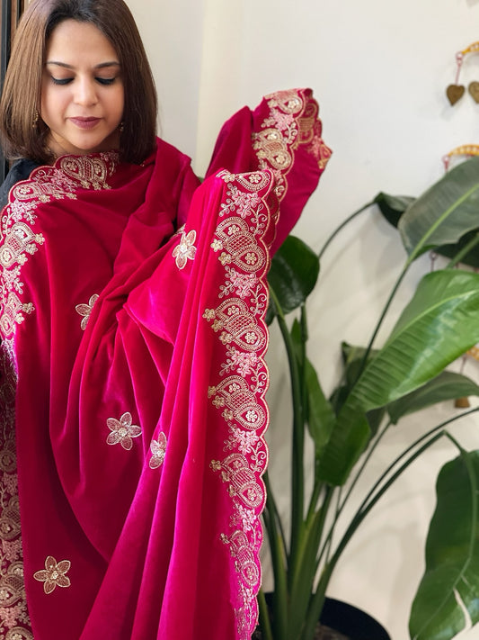 Pink Velvet Dupatta with Thread & Sequin Embroidery